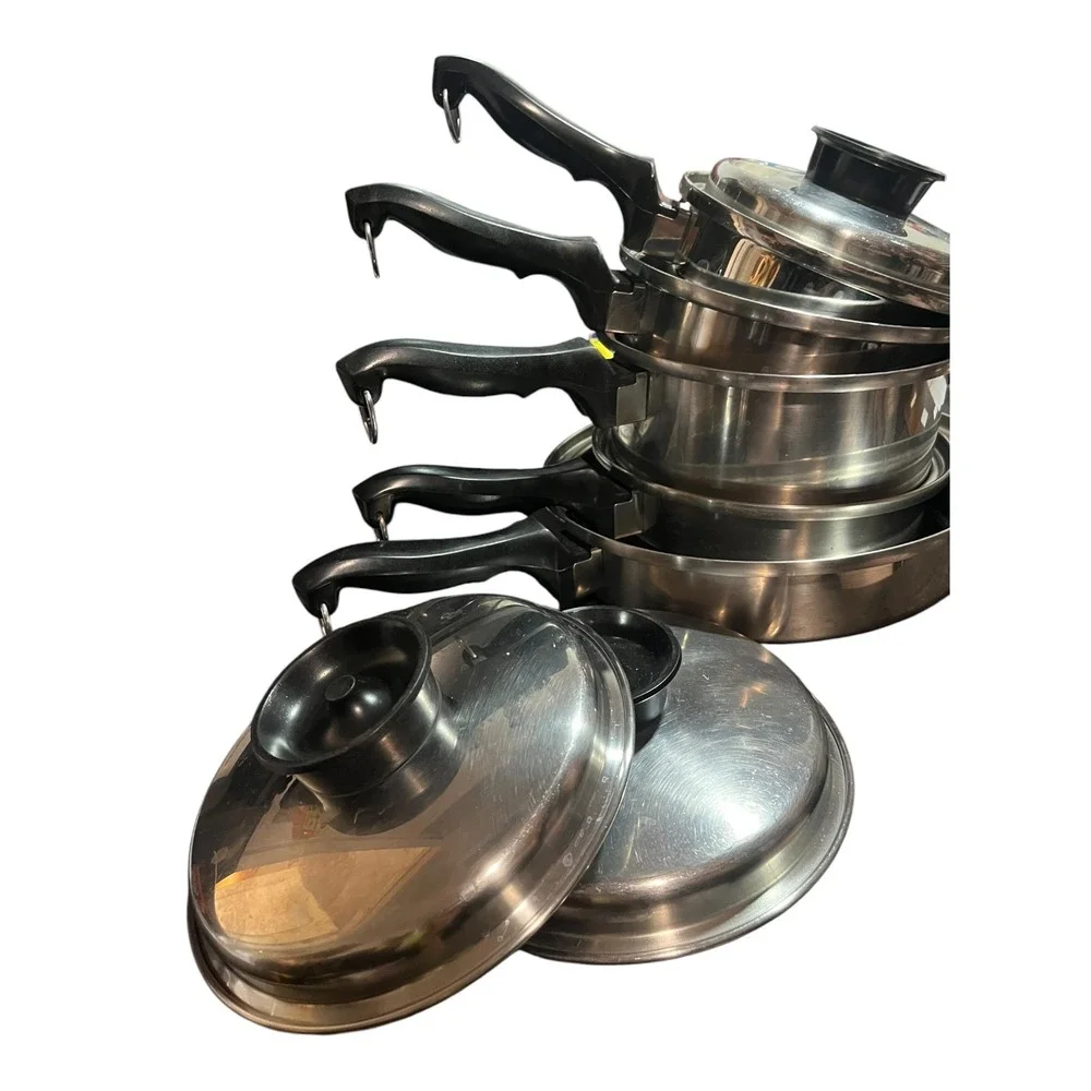 Vtg Chef's Ware Multi-Ply Stainless Steel Cookware Set 5 Pots Pans w/3 Lids lot